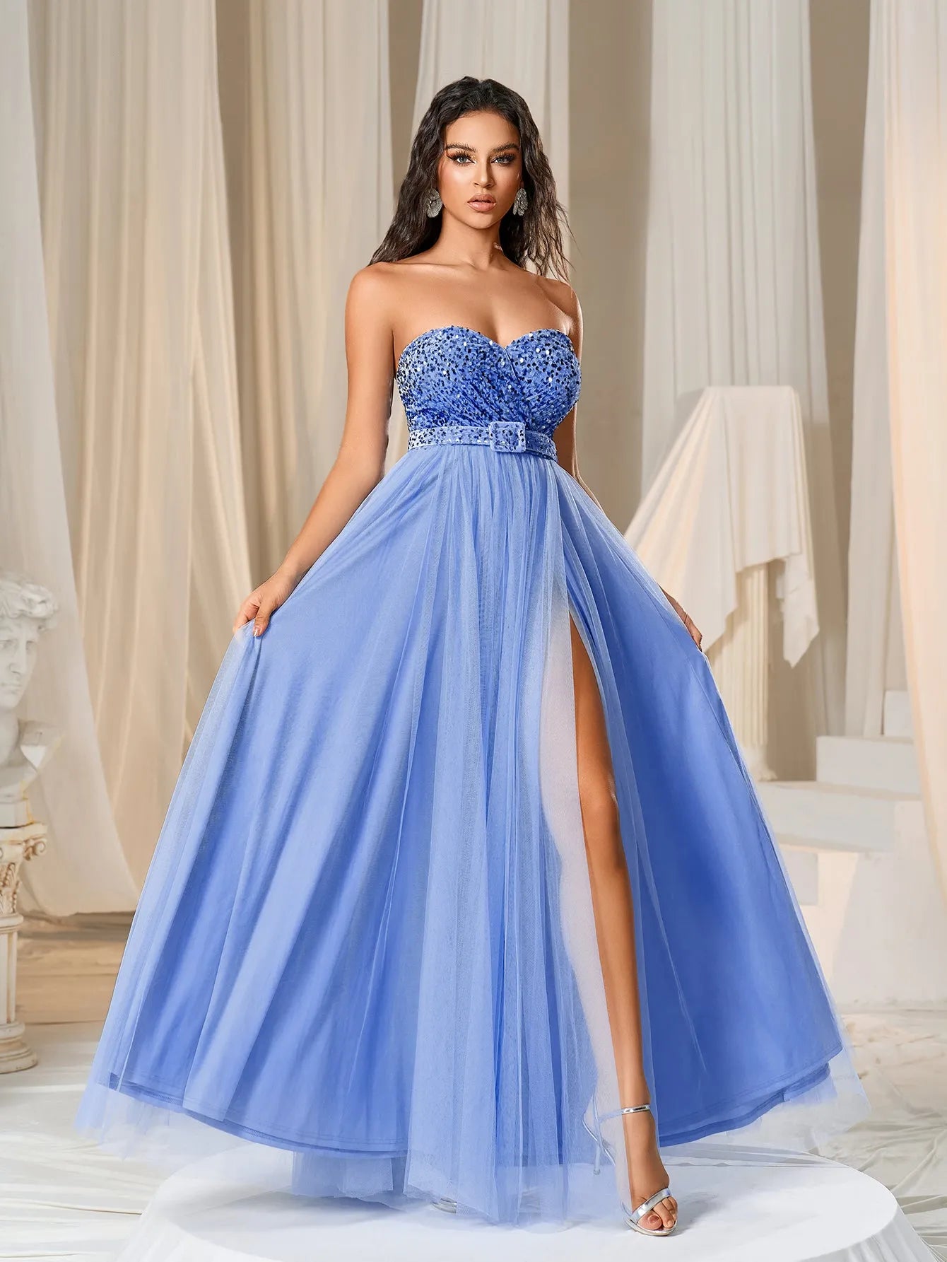 Elegant Strapless Split Thigh A-line Formal Evening Dress