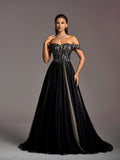 Gorgeous Off Shoulder Lace Bodice Contrast Tulle Hem Evening Gown Wedding Dress