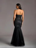 Elegant Strapless Ruched Front Mermaid Hem Sequin Wedding Dress