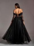 Elegant Off Shoulder Sheer Sleeves Tulle Evening Gown Wedding Dress