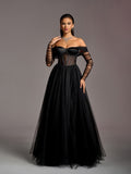 Elegant Off Shoulder Sheer Sleeves Tulle Evening Gown Wedding Dress