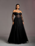 Elegant Off Shoulder Sheer Sleeves Tulle Evening Gown Wedding Dress