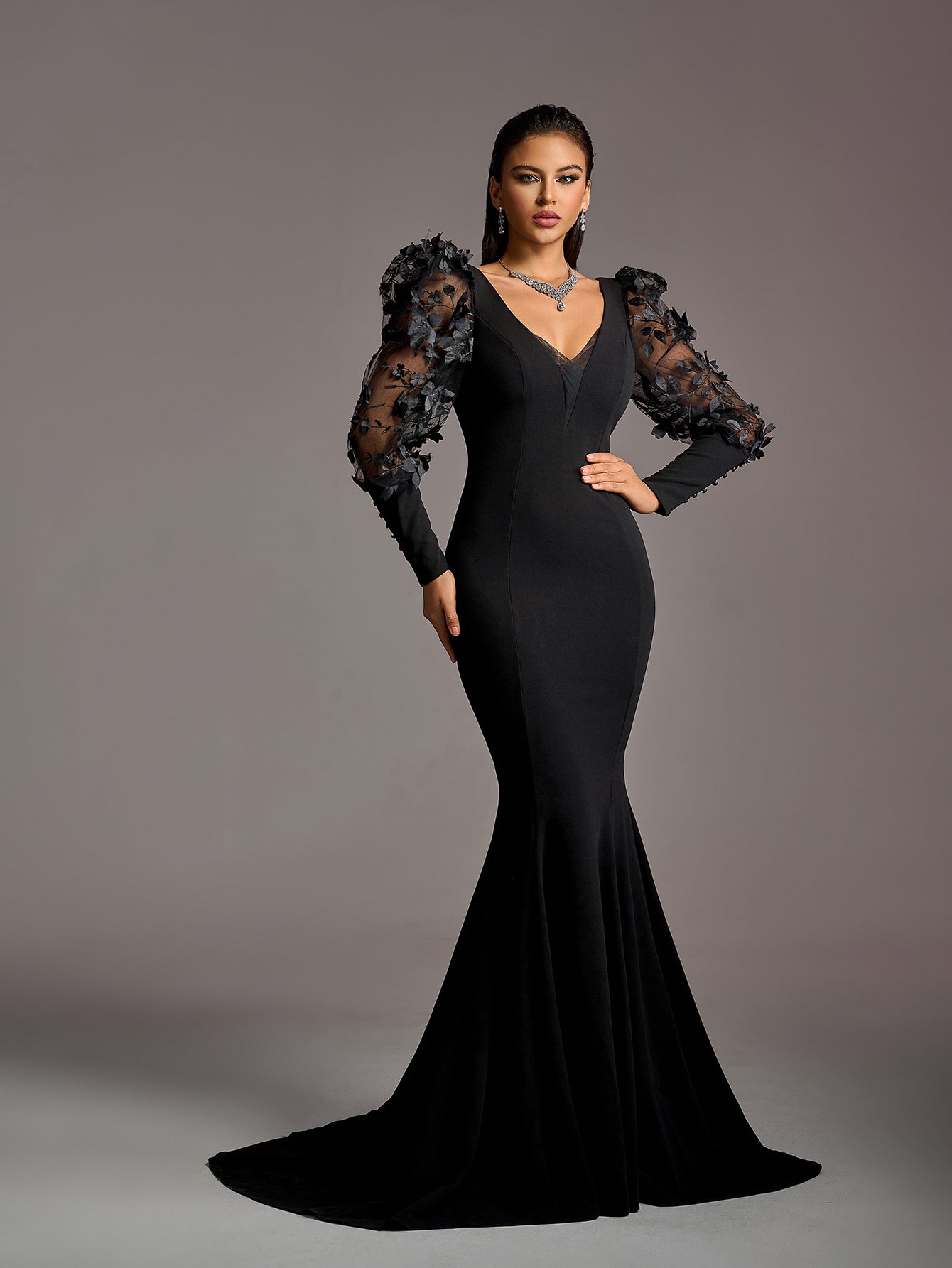 Elegant Backless Applique Bishop Sleeves Mermaid Hem Evening Dress Wedding Dress