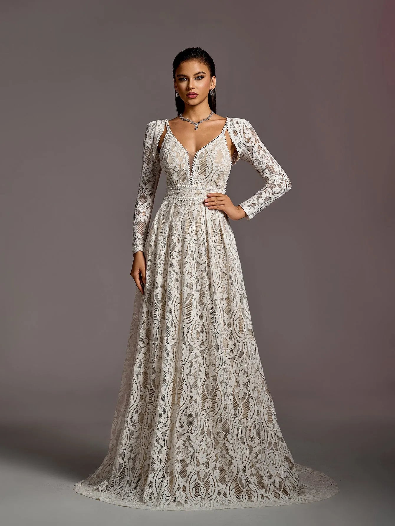 Gorgeous Elegant Plunging Neck Two Pieces Lace Wedding Dress Elonnashop Gorgeous Elegant Plunging Neck Two Pieces Lace Wedding Dress Elonnashop
