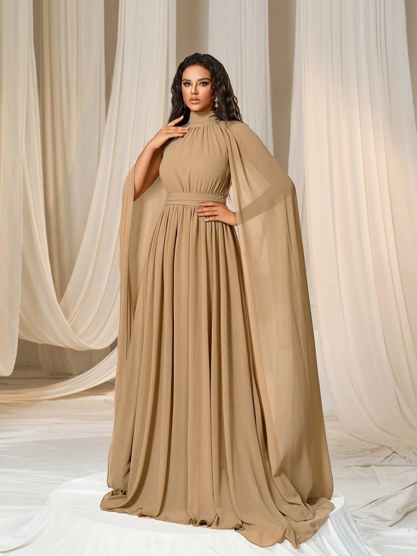 Elegant Mock Neck Cloak Sleeve Chiffon Formal Dress - Elonnashop