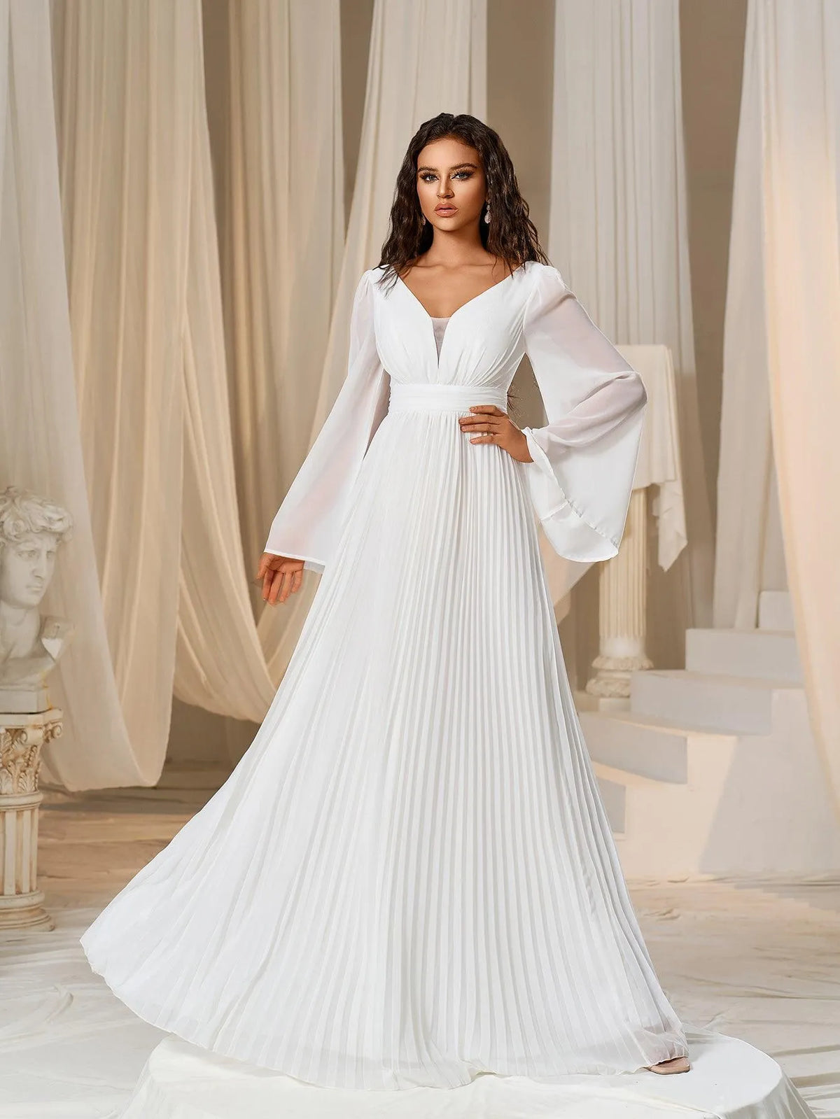 Plunging Neck Flared Sleeves Pleated Chiffon Dresses - Elonnashop