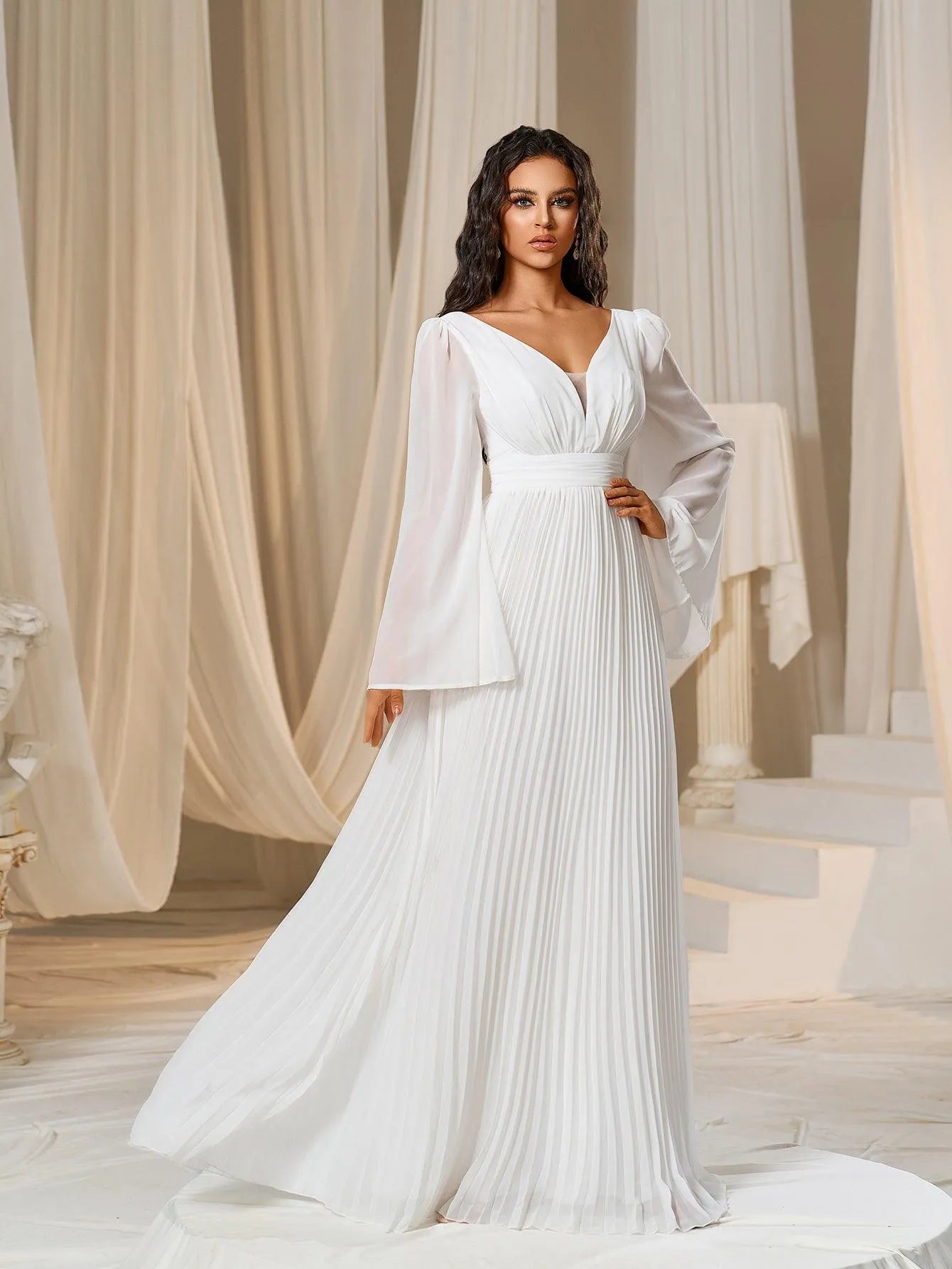 Plunging Neck Flared Sleeves Pleated Chiffon Dresses - Elonnashop