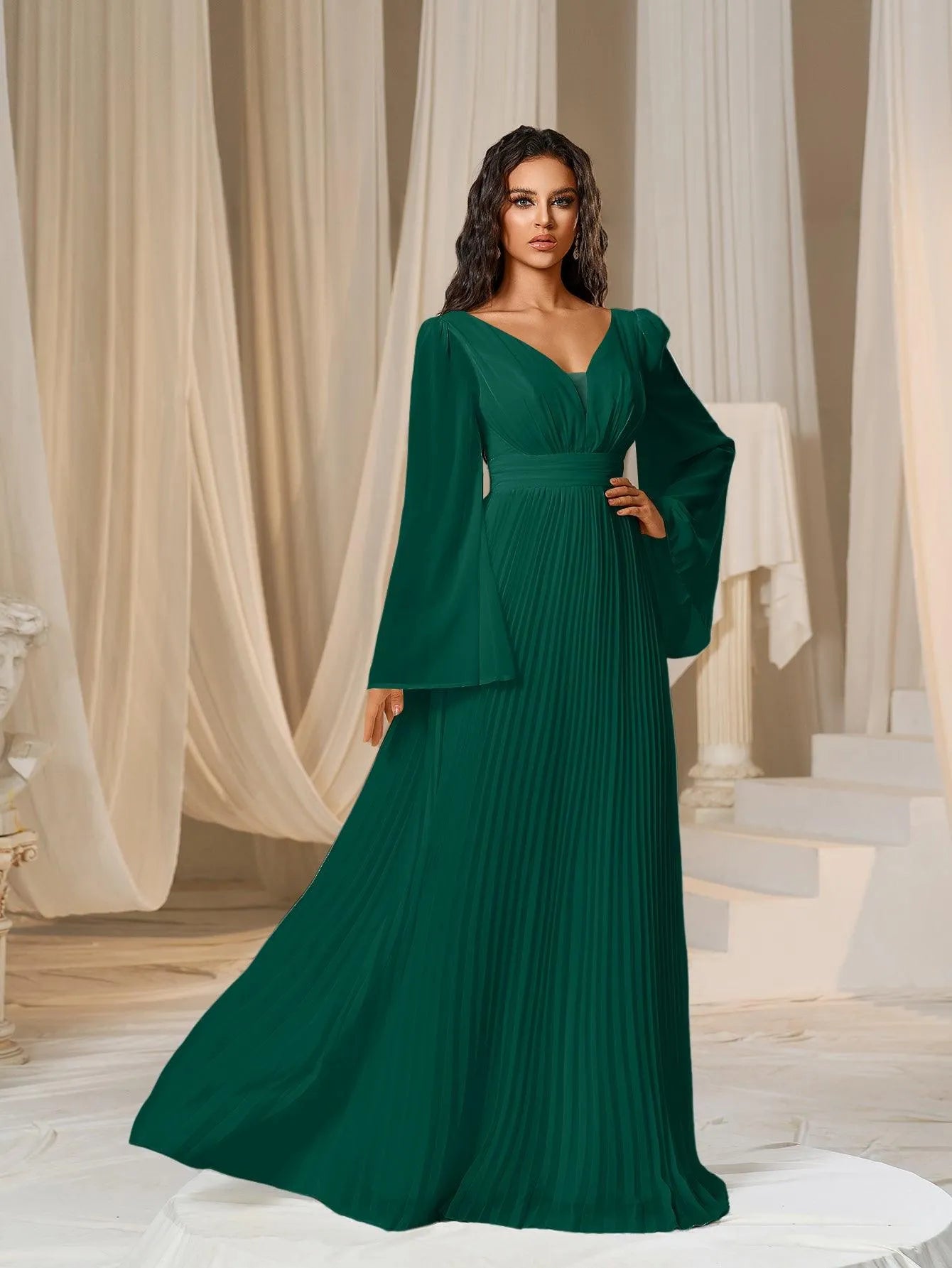 Plunging Neck Flared Sleeves Pleated Chiffon Dresses - Elonnashop