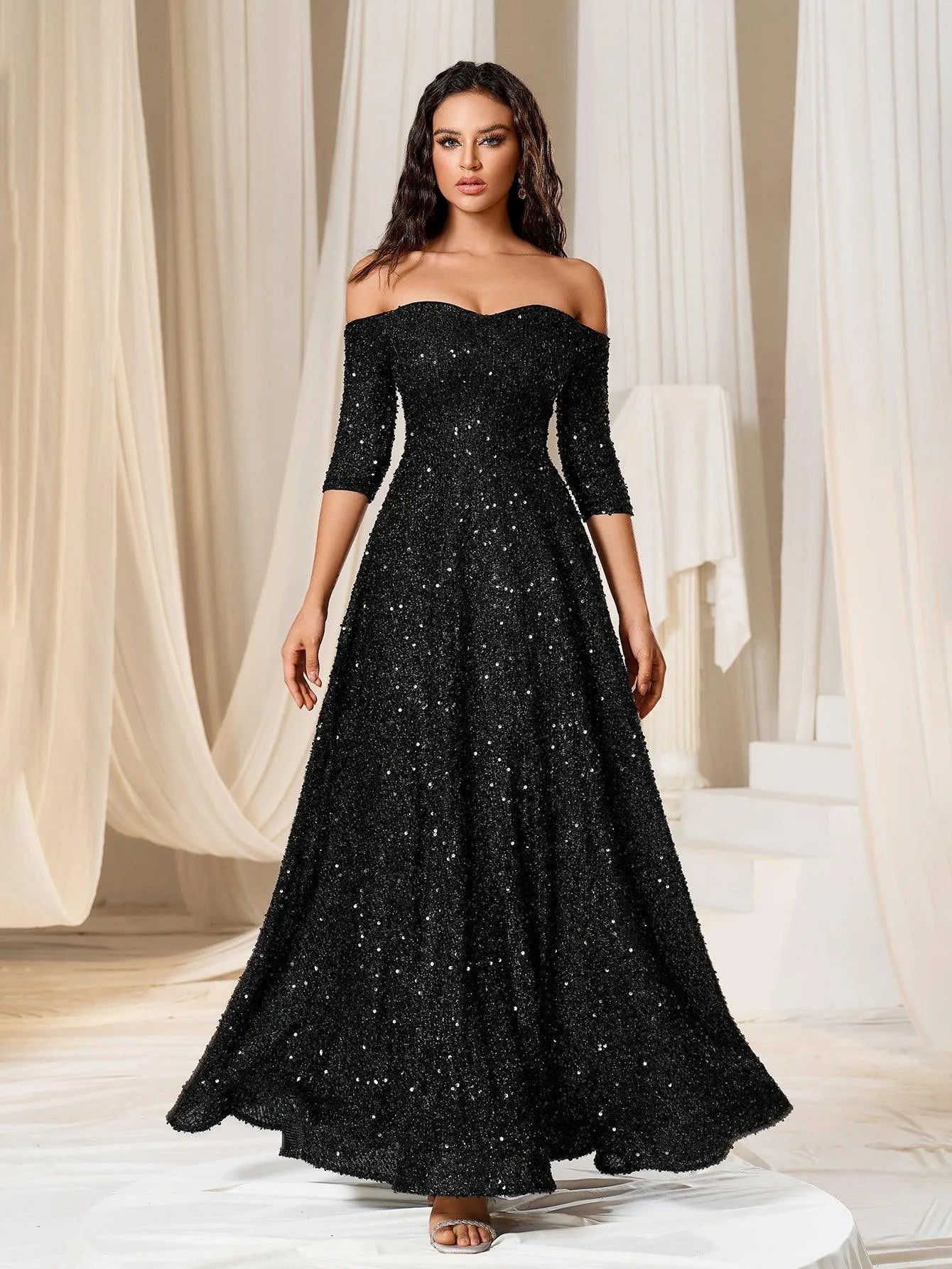 Off Shoulder 3/4 Sleeve Sequin A Line Dress - Elonnashop