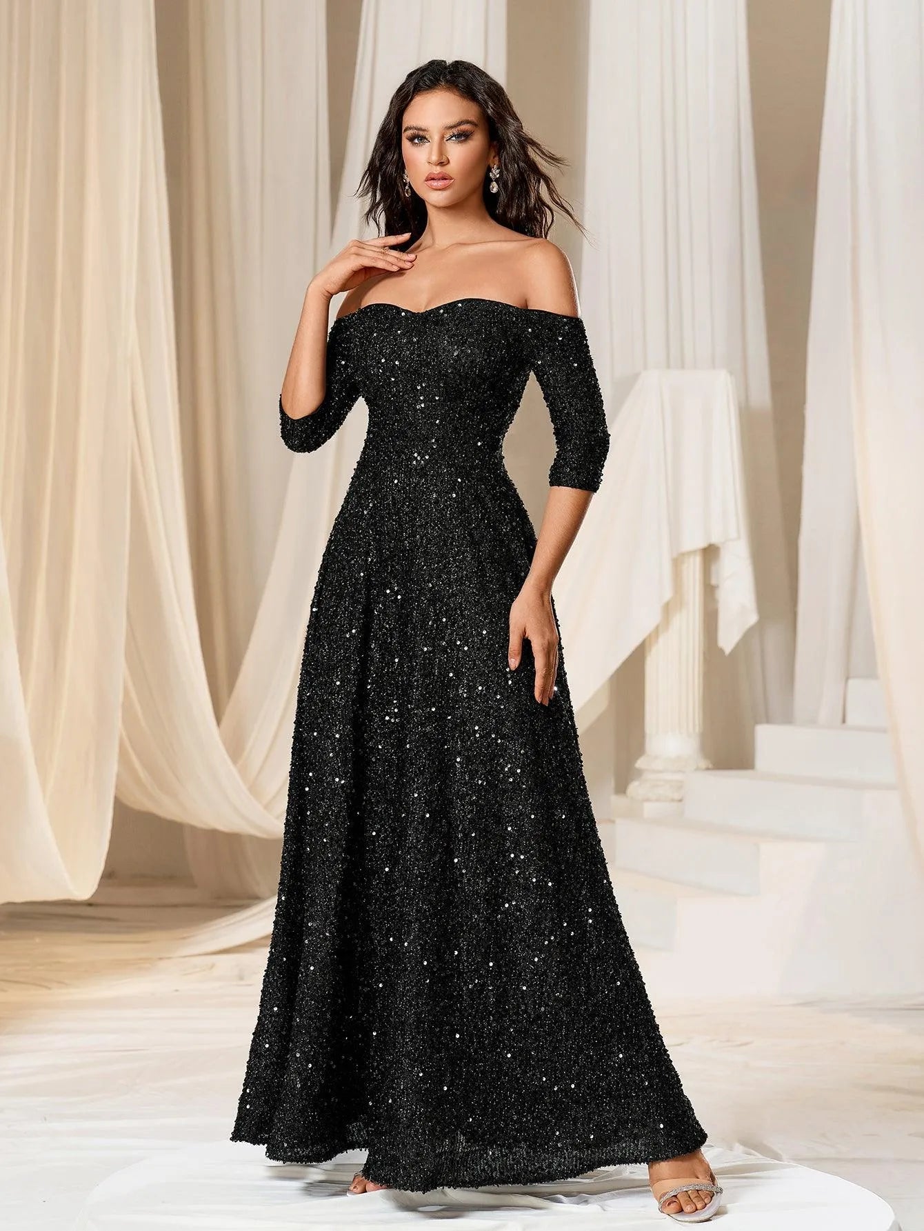 Off Shoulder 3/4 Sleeve Sequin A Line Dress - Elonnashop