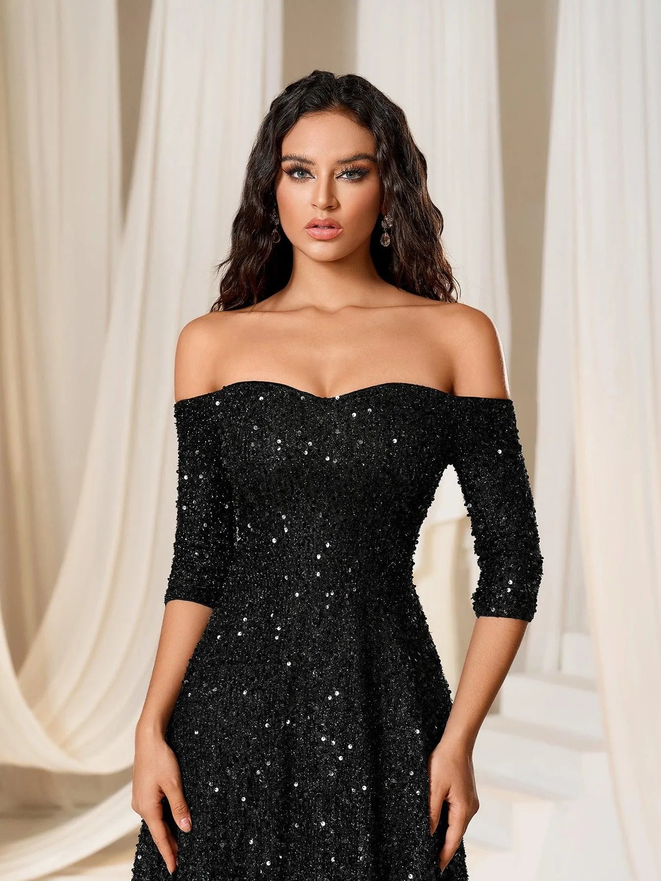 Off Shoulder 3/4 Sleeve Sequin A Line Dress - Elonnashop