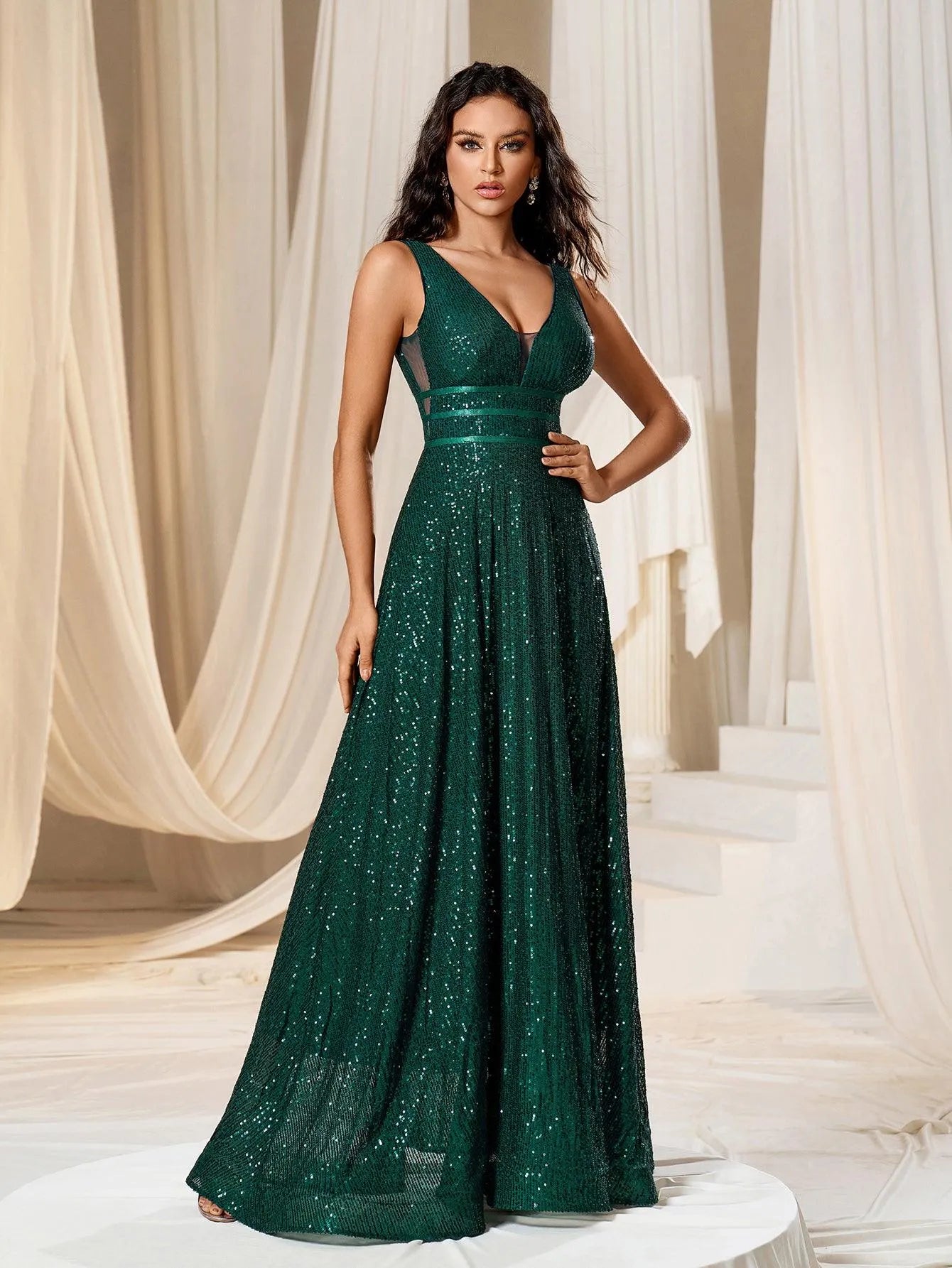 Elegant V Neck Sleeveless A Line Sequin Party Dress - Elonnashop