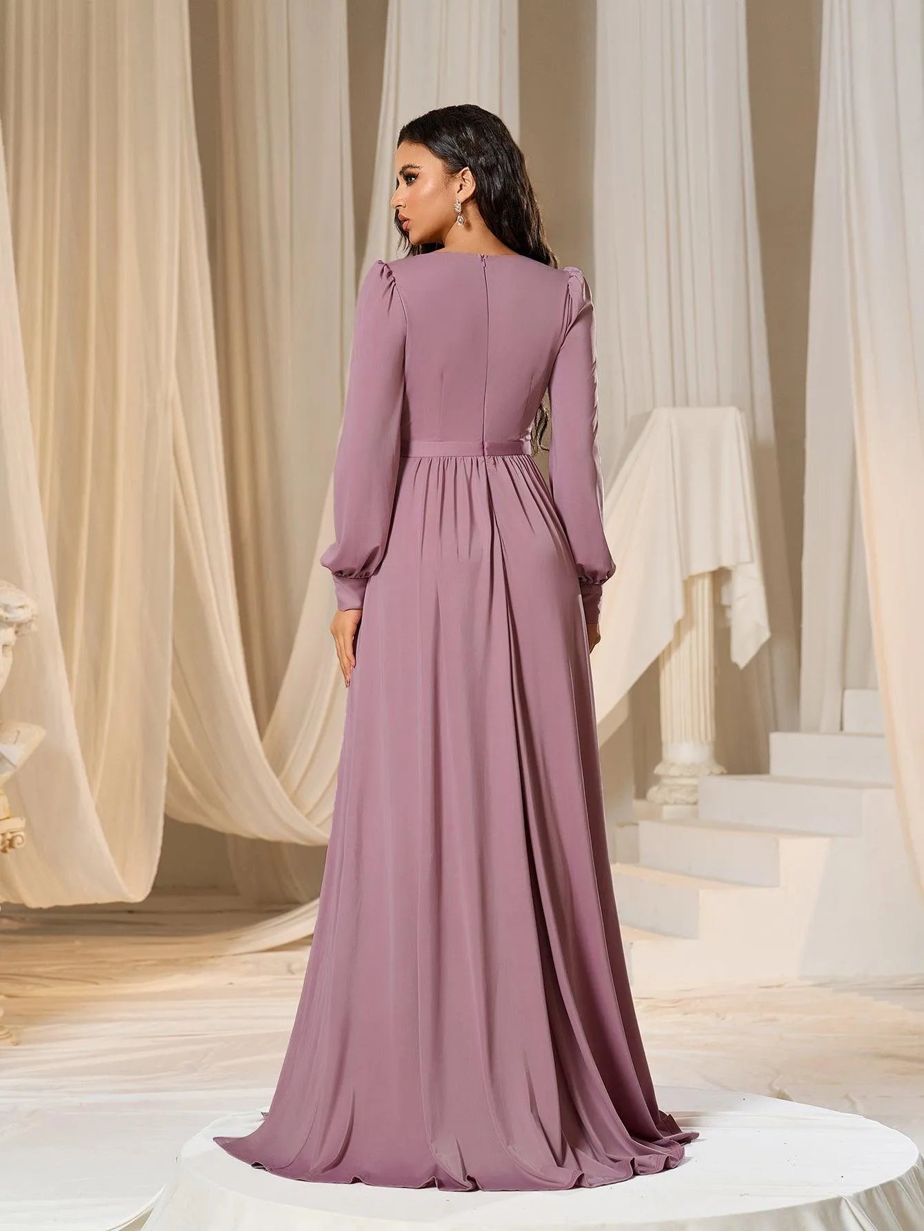 Elegant Plunging Neck Long Sleeves Slit Dresses - Elonnashop