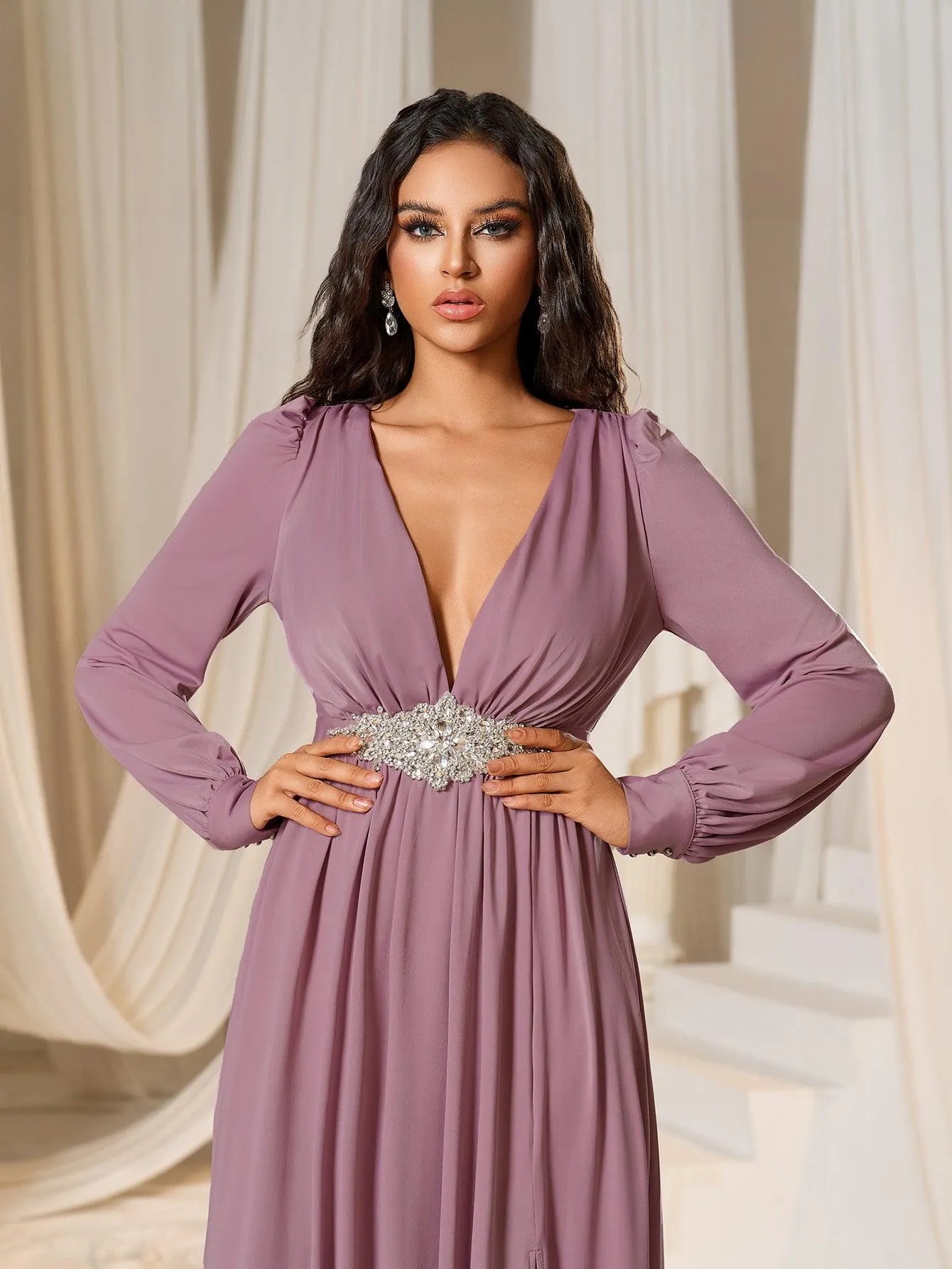 Elegant Plunging Neck Long Sleeves Slit Dresses - Elonnashop