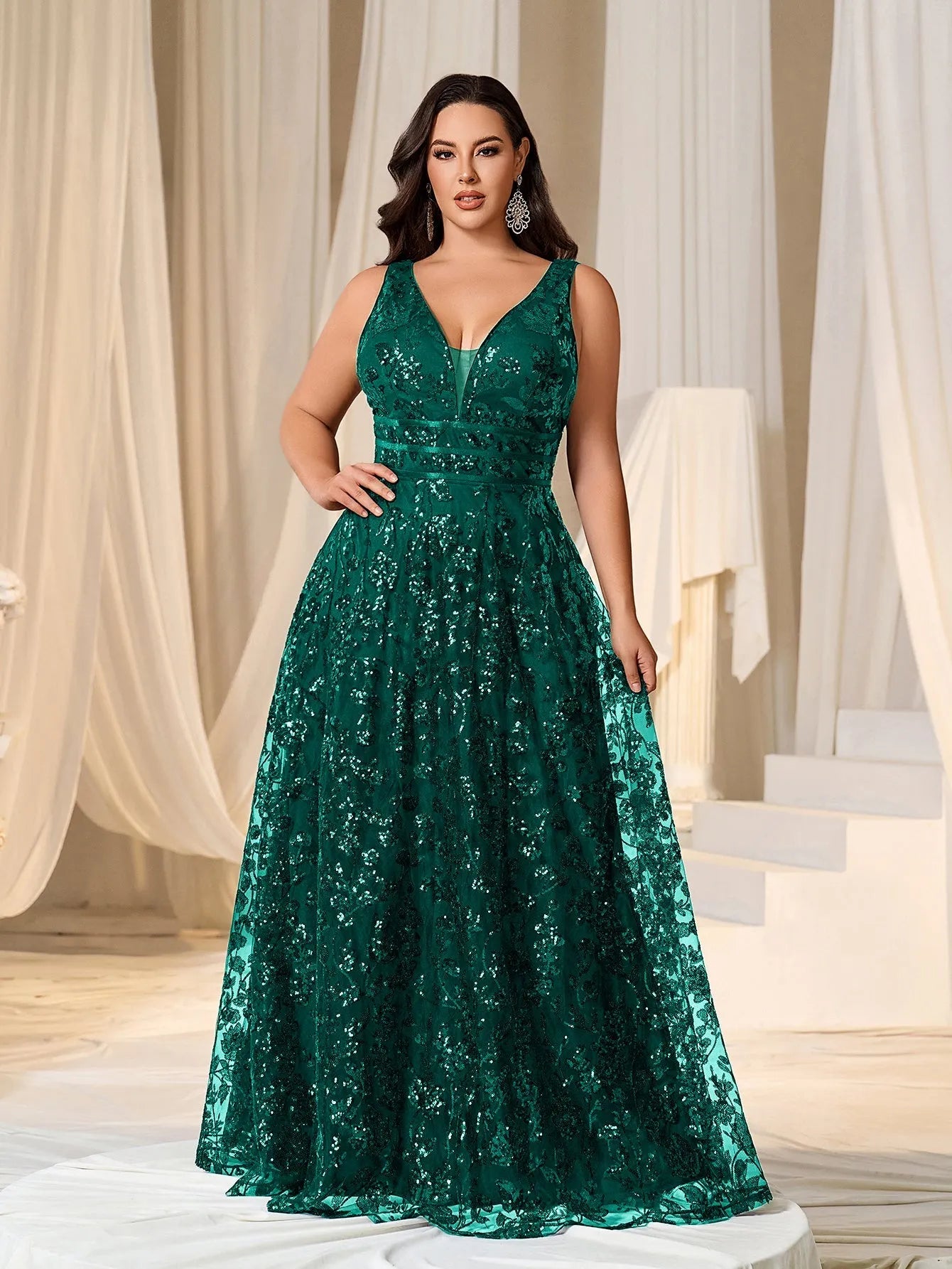 Plus Plunging Meck Backless Floral Sequin Prom Dress Elonnashop Plus Plunging Meck Backless Floral Sequin Prom Dress Elonnashop
