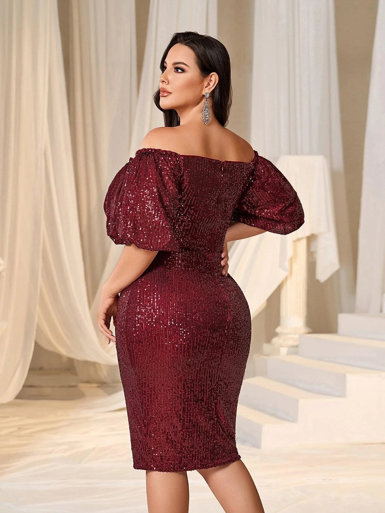 Plus Off Shoulder Puff Sleeves Sequin Midi Dress - Elonnashop