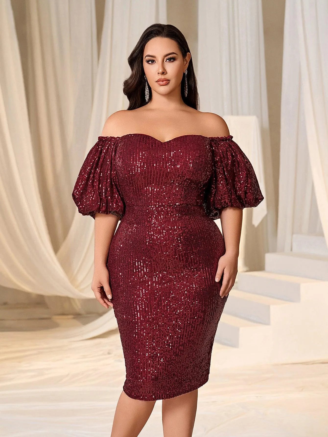 Plus Off Shoulder Puff Sleeves Sequin Midi Dress - Elonnashop