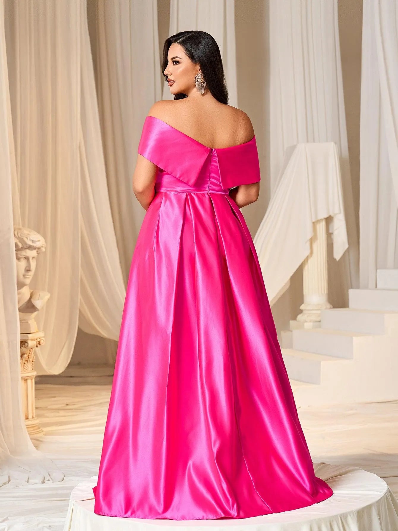 Plus Elegant Off Shoulder Satin A Line Prom Dress - Elonnashop