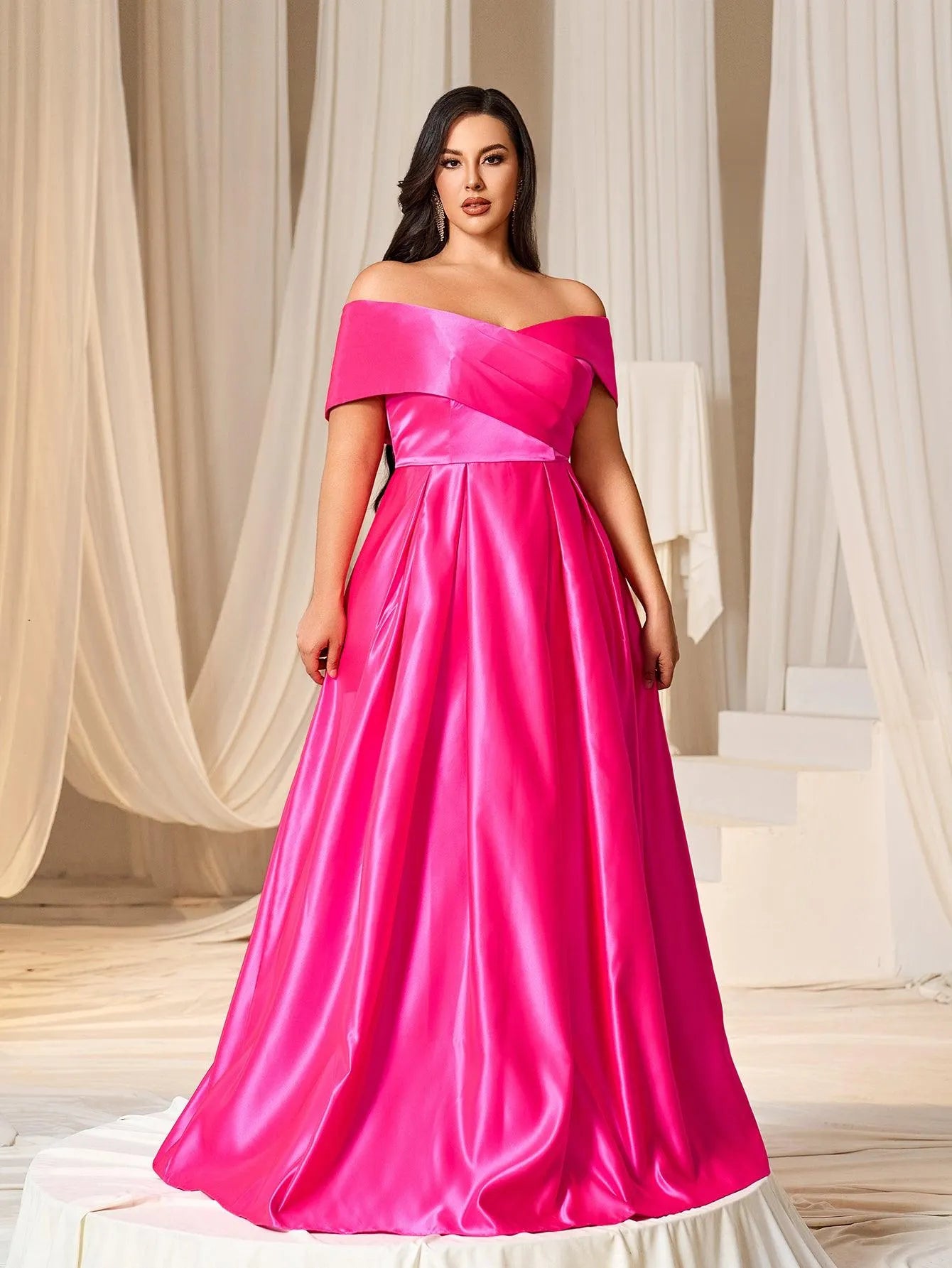 Plus Elegant Off Shoulder Satin A Line Prom Dress - Elonnashop