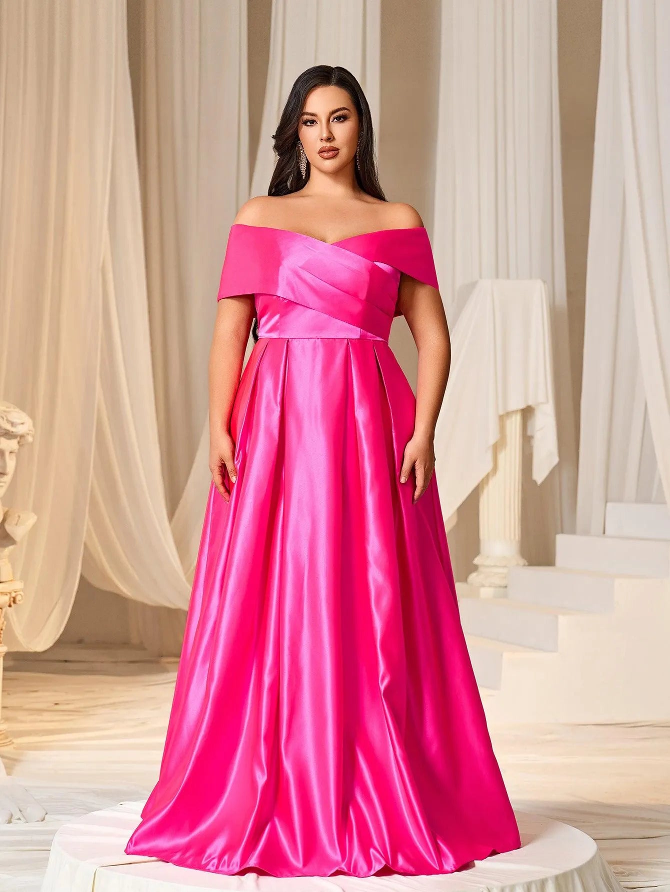 Plus Elegant Off Shoulder Satin A Line Prom Dress - Elonnashop