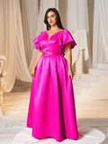 Plus Rhinestone Detail Ruffle Sleeve Satin Belted DressCinthya - Elonnashop