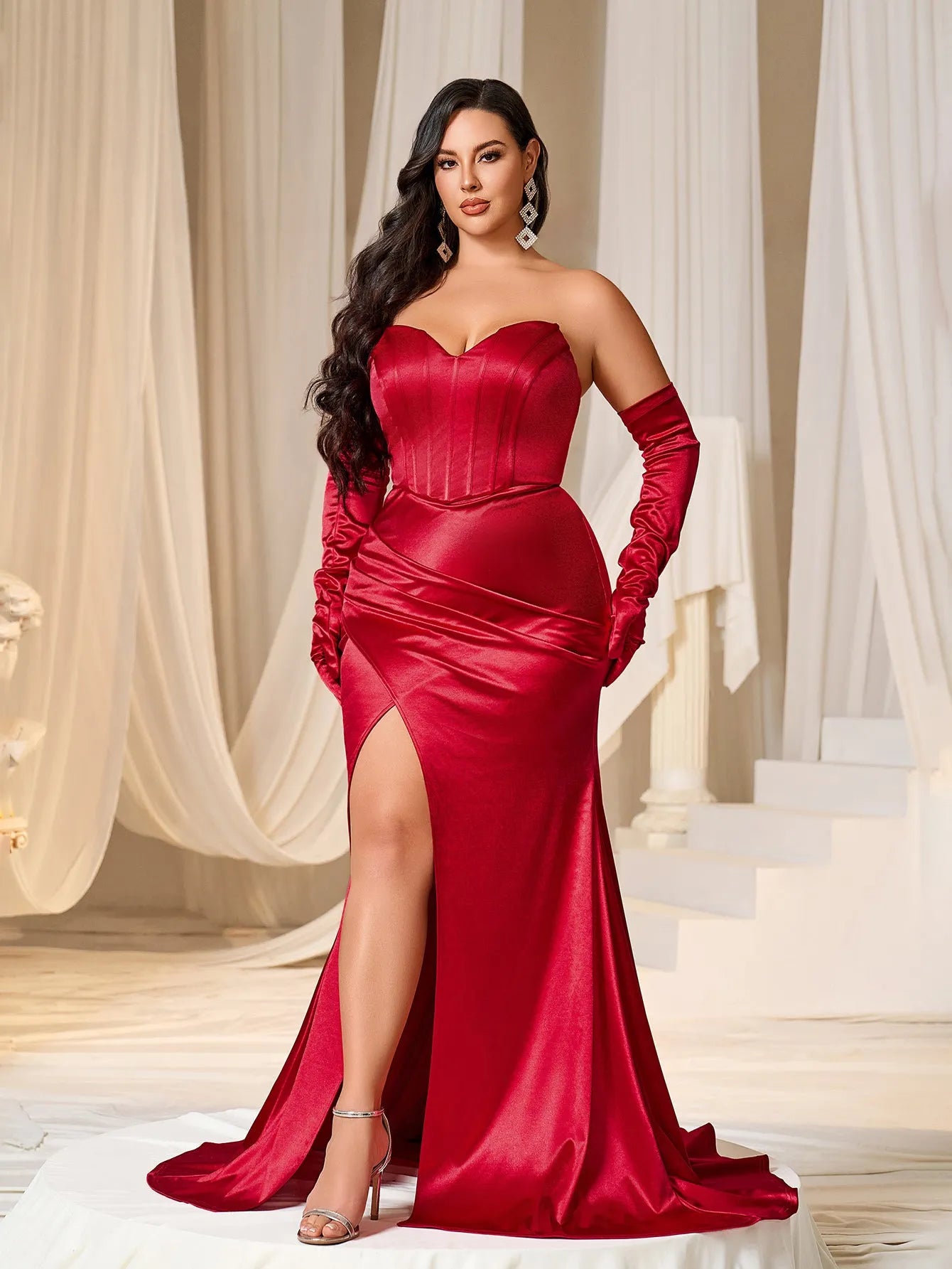 Plus Ruched Wrap Hem Satin Tube Prom Dress（Gloves Included）