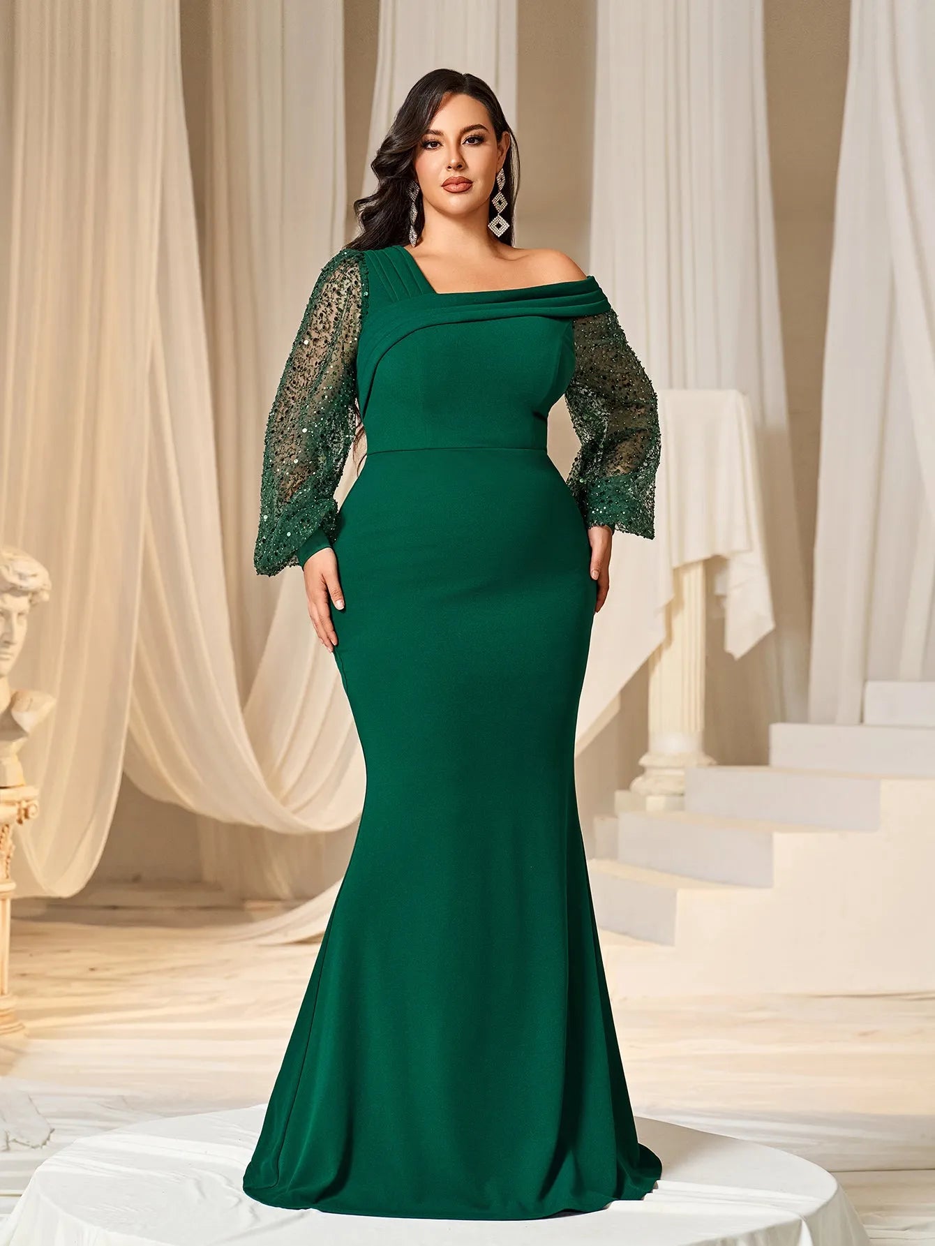 Plus Asymmetrical Neck Lantern Sleeves Formal Mermaid Dress