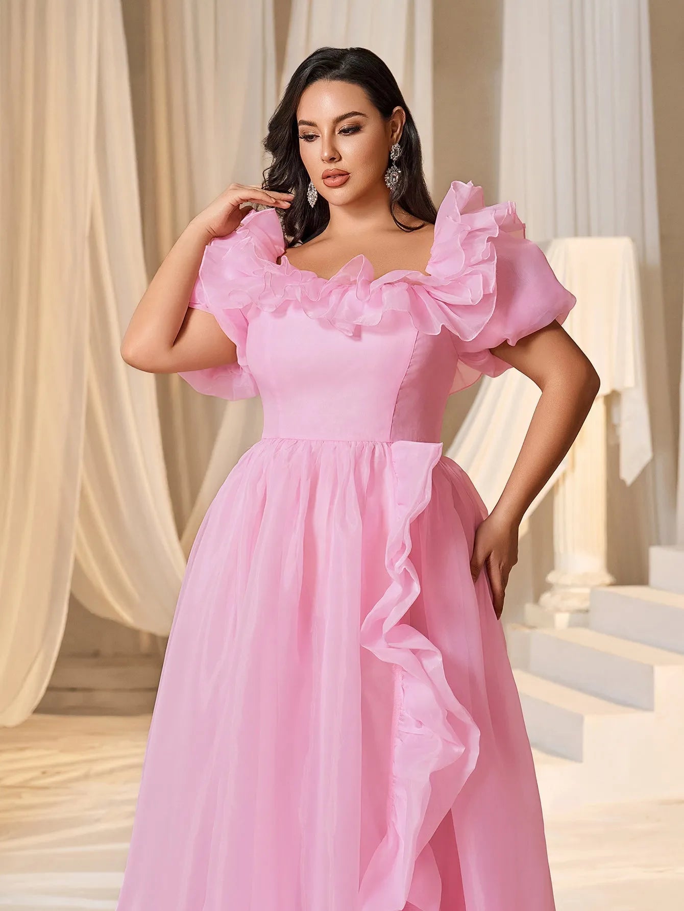 Plus Square Collar Ruffle Trim Puff Sleeves Organza Prom Dress