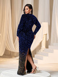 Plus Long Sleeves Split Hem Ombre Sequin Evening Dress