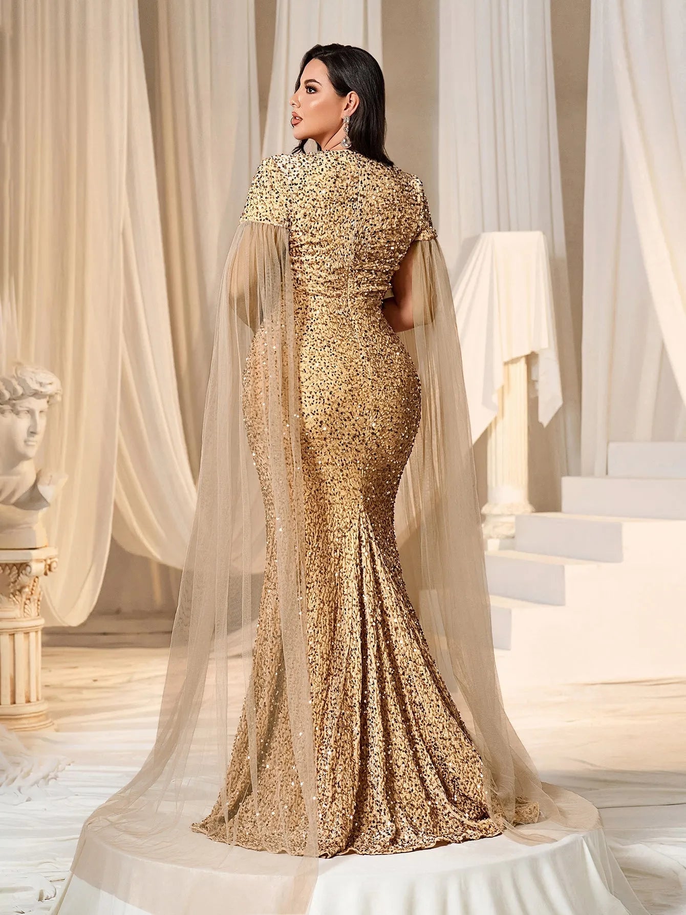 Plus Square Neck Cape Sleeves Sequin Mermaid Dress