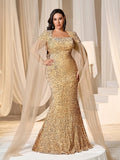 Plus Square Neck Cape Sleeves Sequin Mermaid Dress