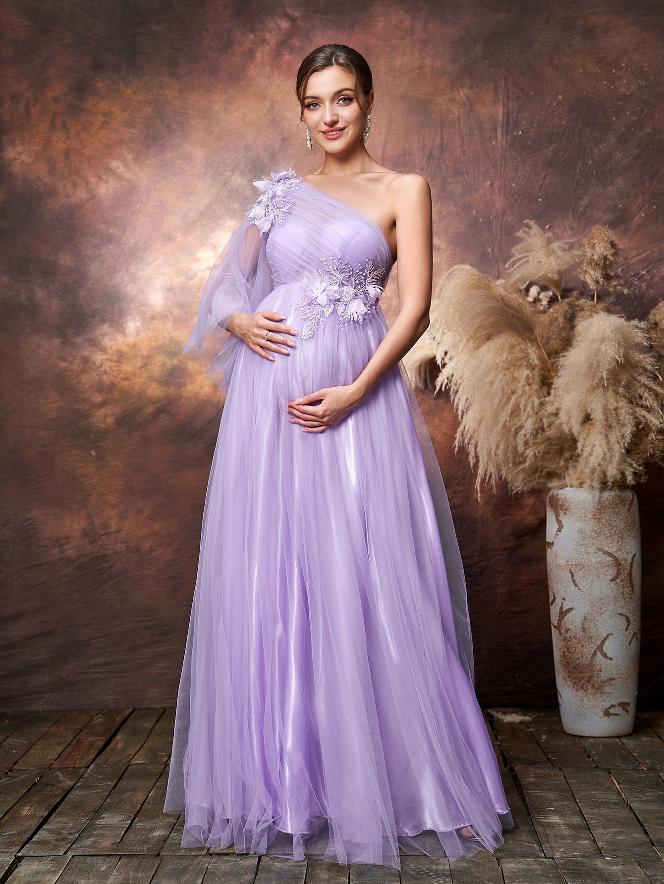 Maternity Applique Details One Shoulder Tulle Evening Dress