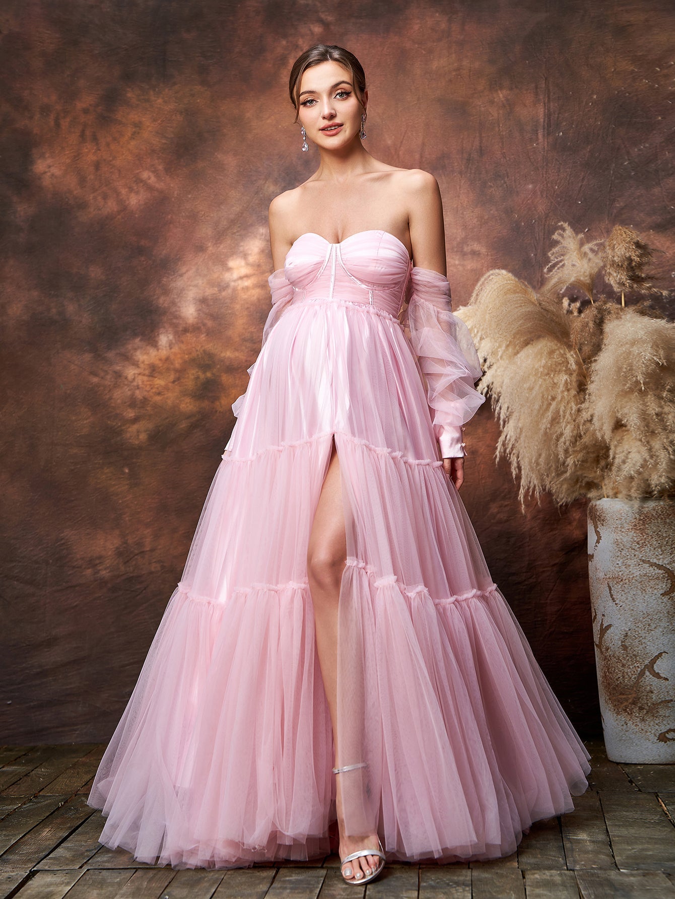 Maternity Off Shoulder Bishop Sleeves Split Tulle Evening Dress