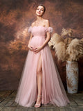 Maternity Off Shoulder Ruched Bust Split Tulle Evening Dress