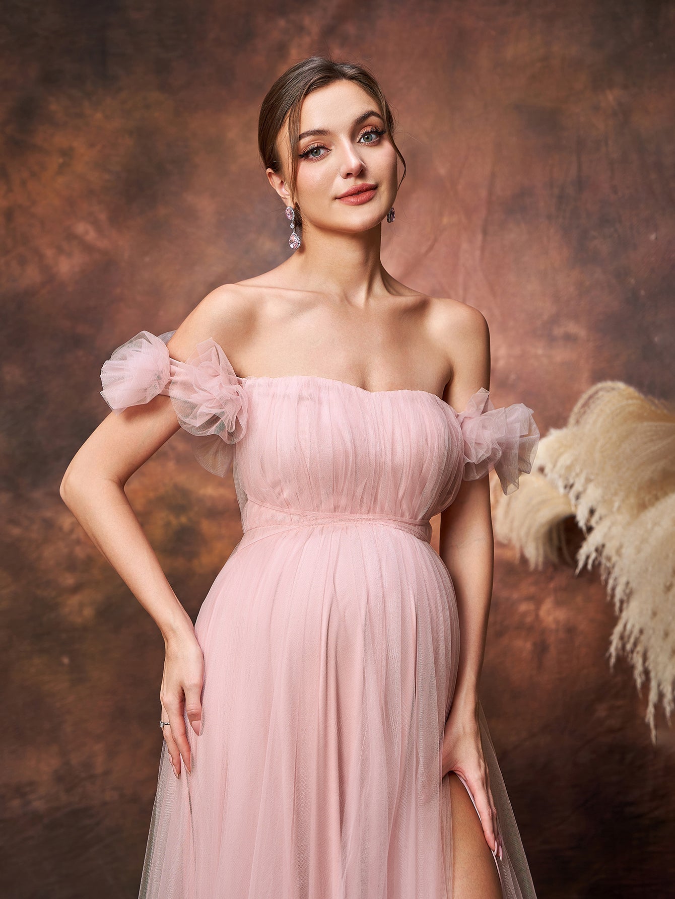 Maternity Off Shoulder Ruched Bust Split Tulle Evening Dress