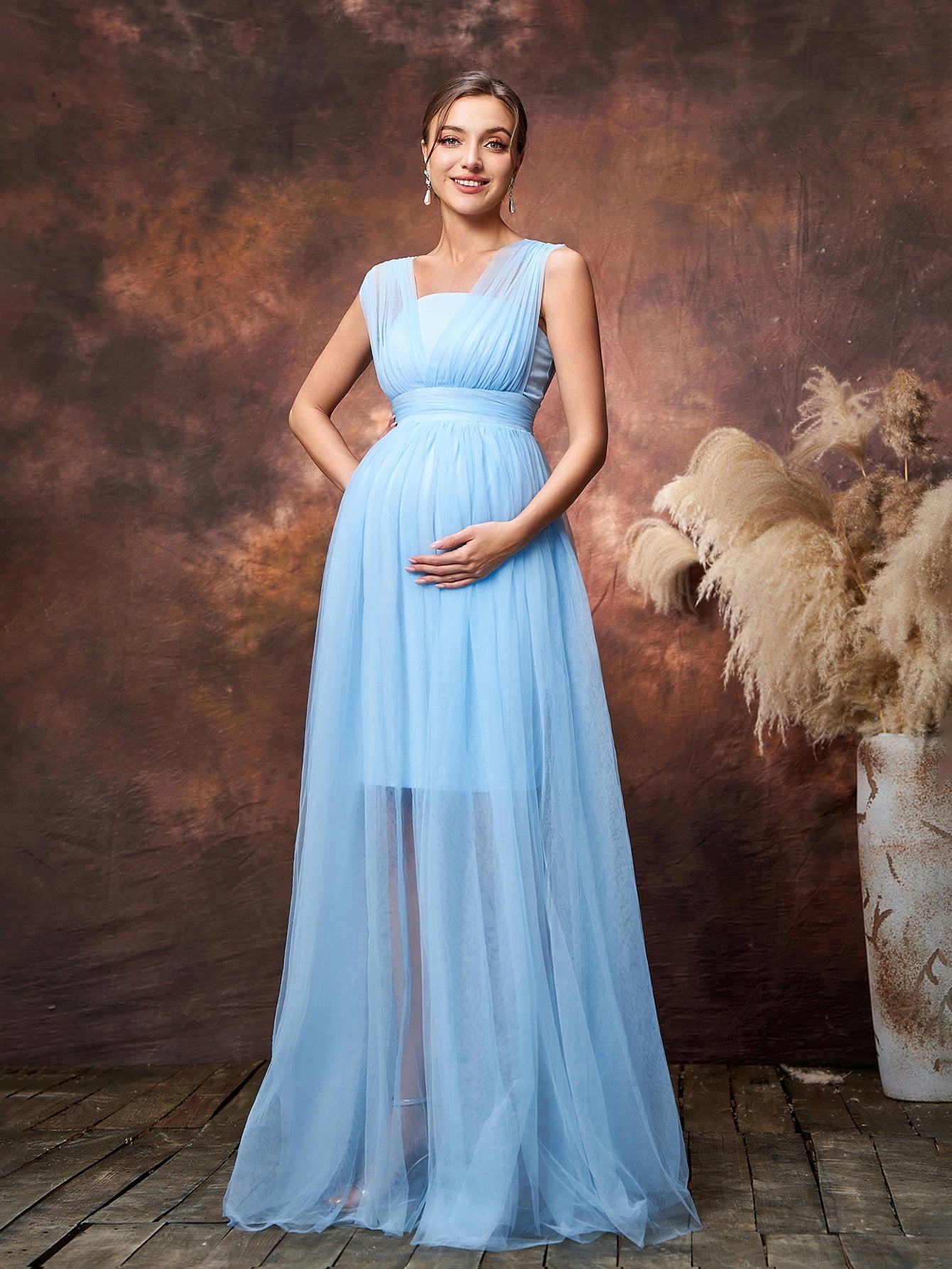 Maternity Plunging Neck Sleeveless Tulle Overlay Party Dress