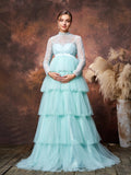 Maternity Mock Neck Lace Bodice Layered Tulle  Hem Prom Dress