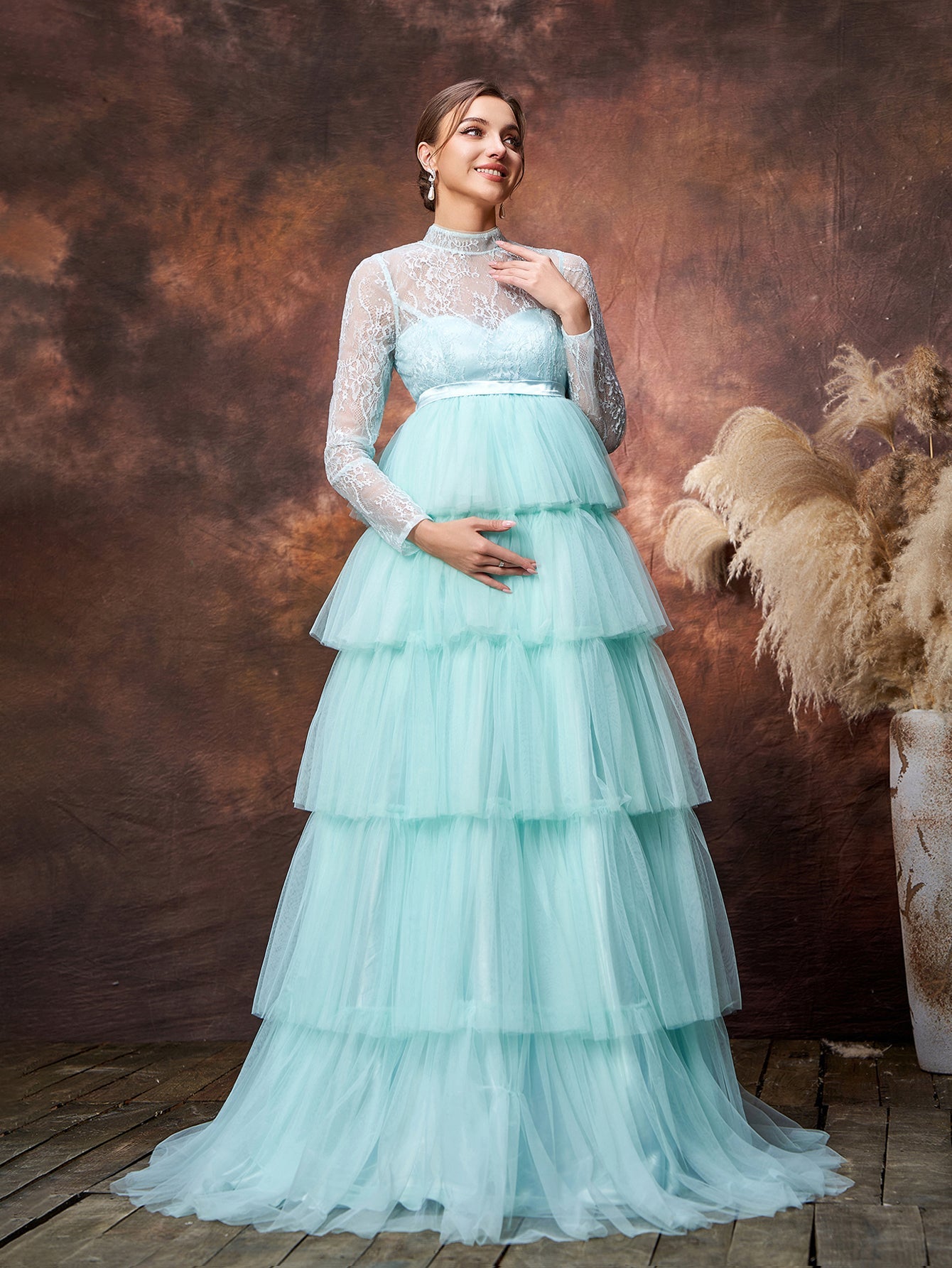 Maternity Mock Neck Lace Bodice Layered Tulle  Hem Prom Dress