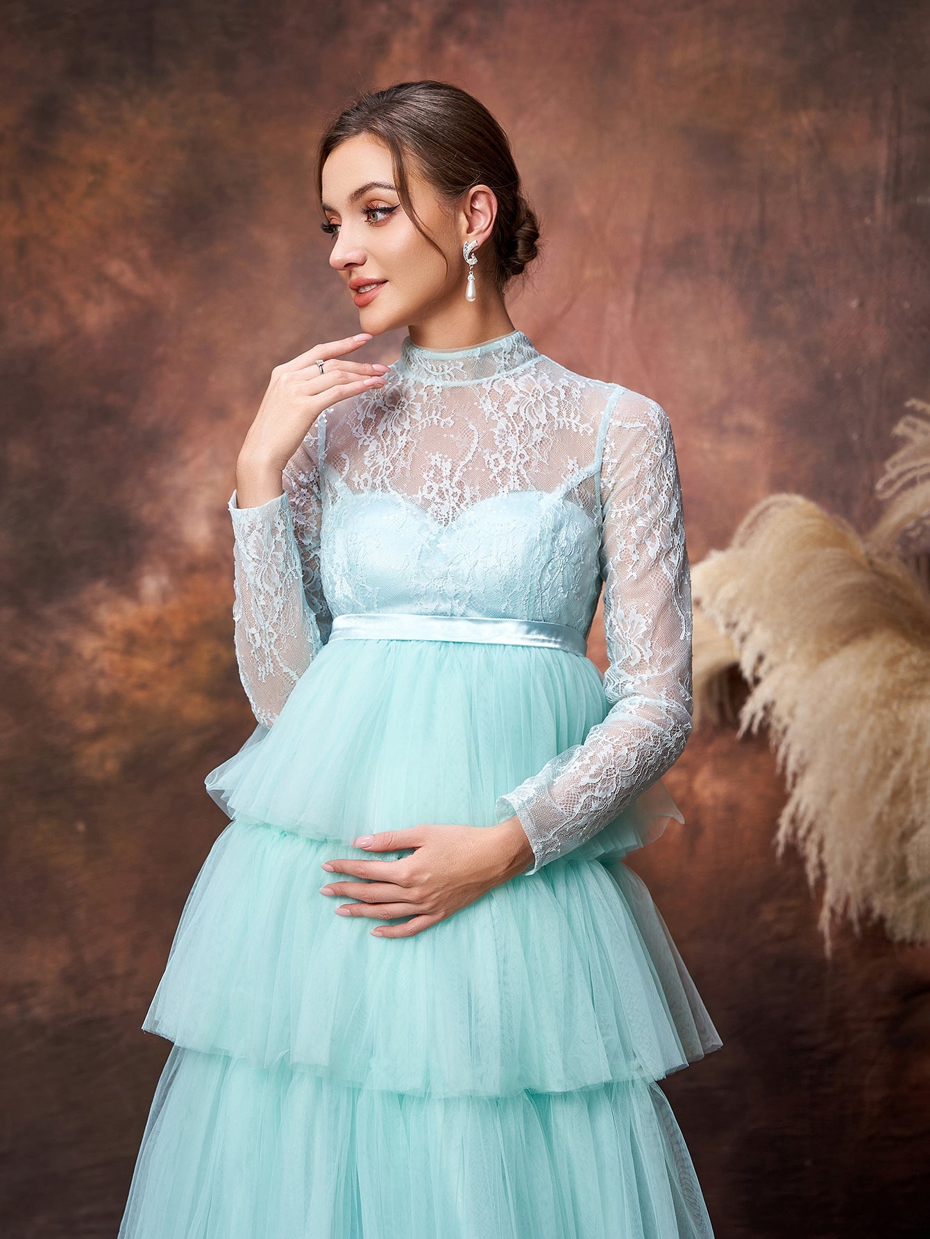 Maternity Mock Neck Lace Bodice Layered Tulle  Hem Prom Dress