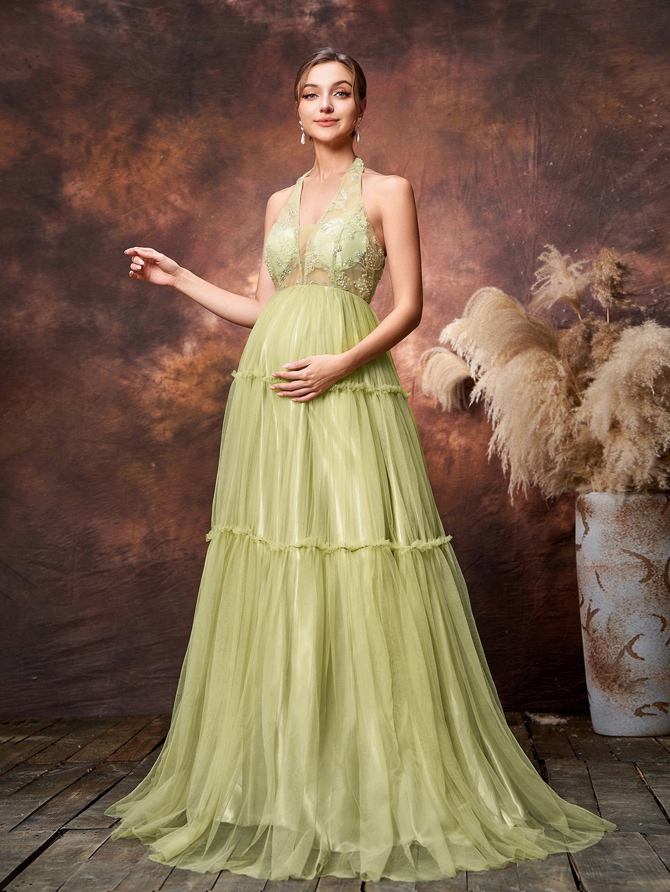 Maternity Halter Neck Beaded Bodice Contrast  Layered Tulle Hem Evening Dress