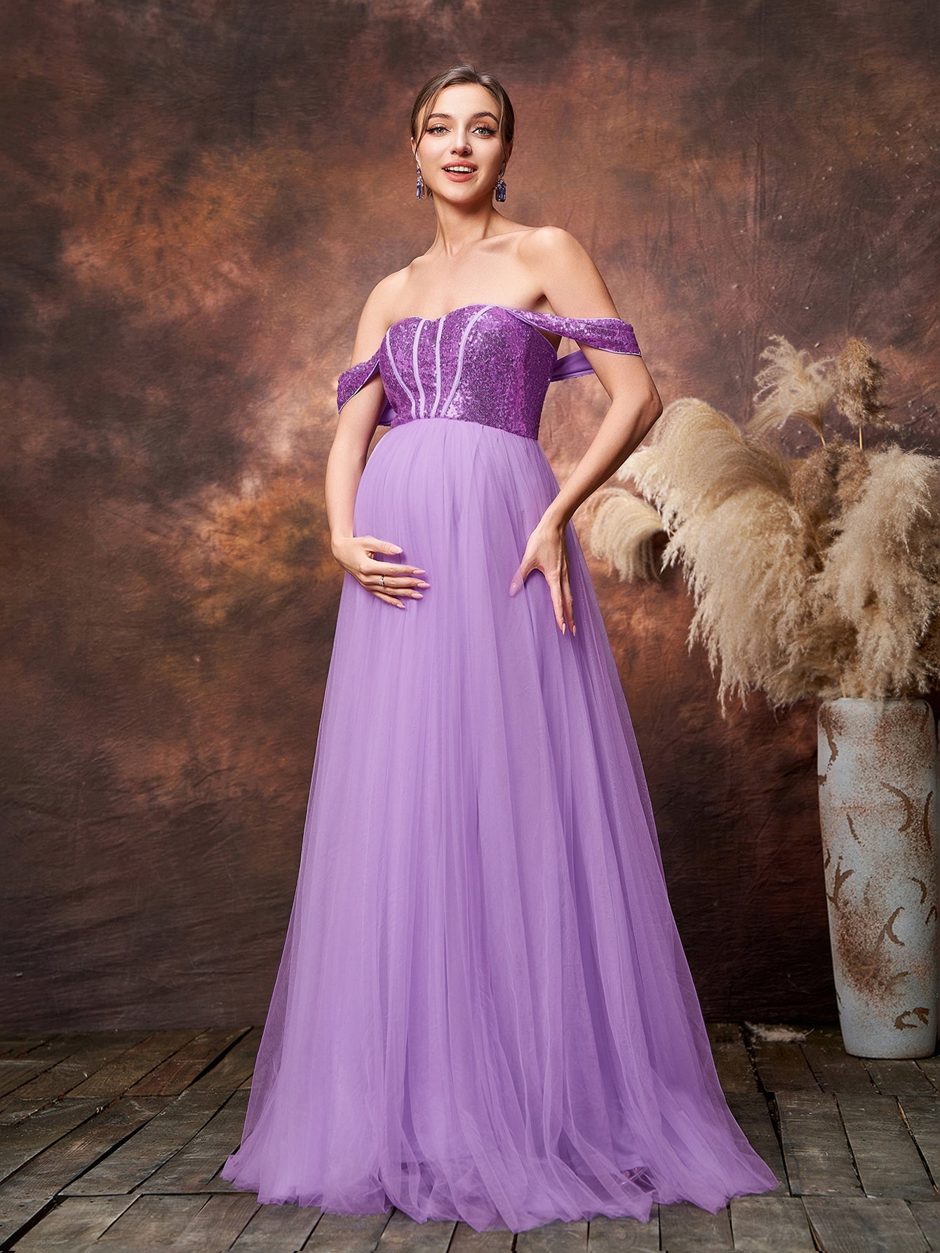 Maternity Off Shoulder Sequin Bodice Contrast Tulle Evening Dress