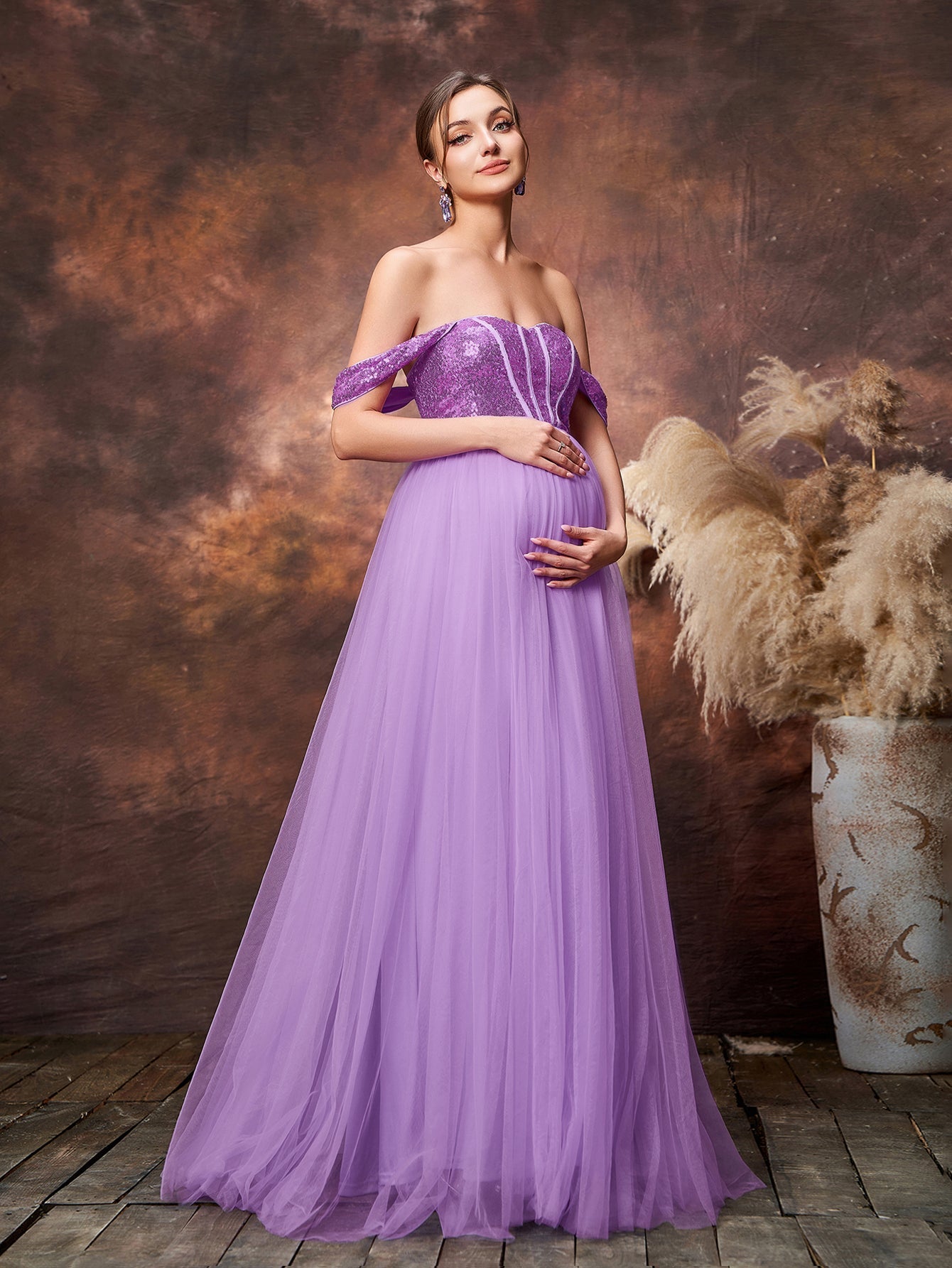 Maternity Off Shoulder Sequin Bodice Contrast Tulle Evening Dress