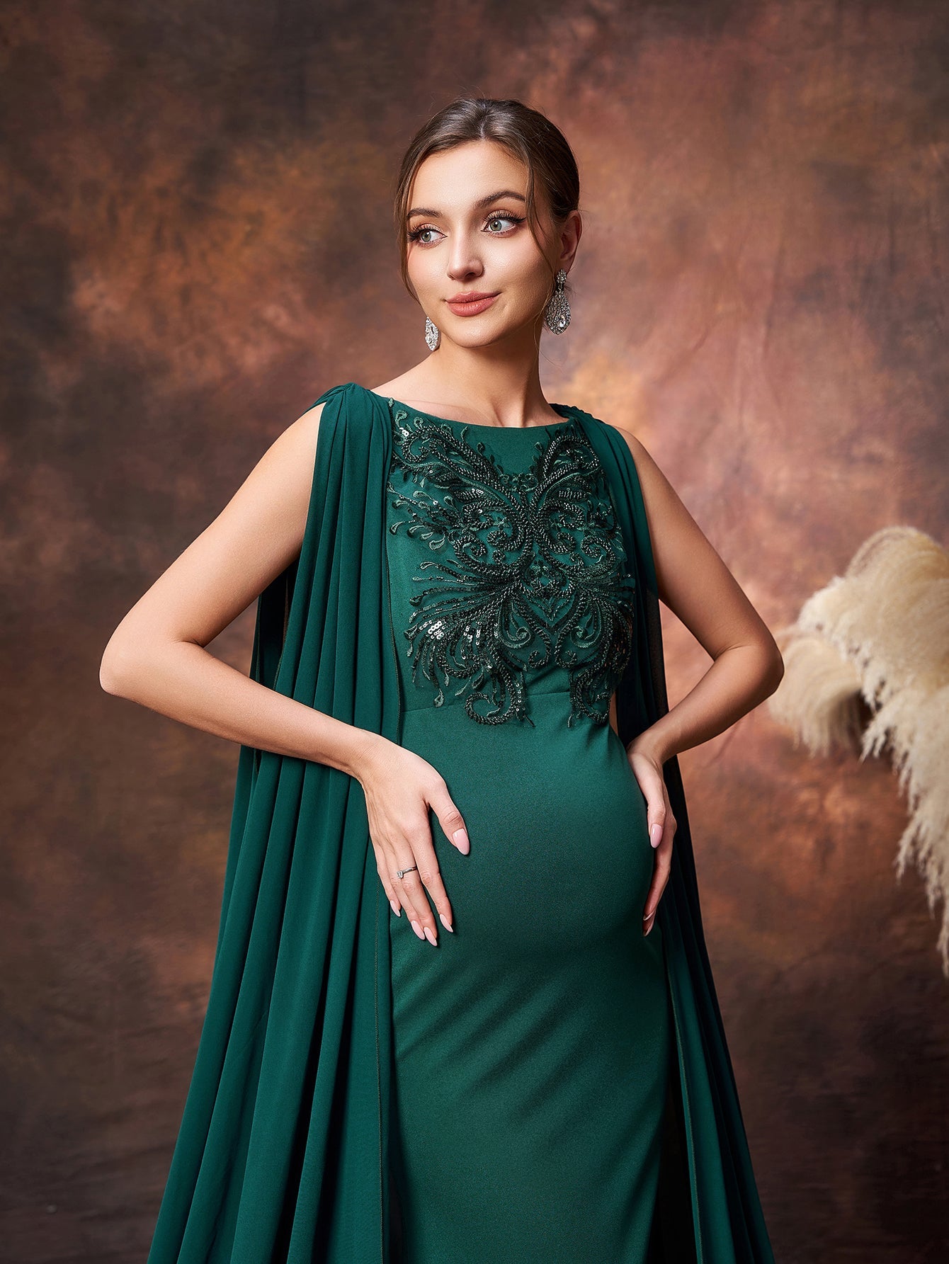 Maternity Applique Detail Mermaid Hem Formal Evening Dress With Chiffon Train