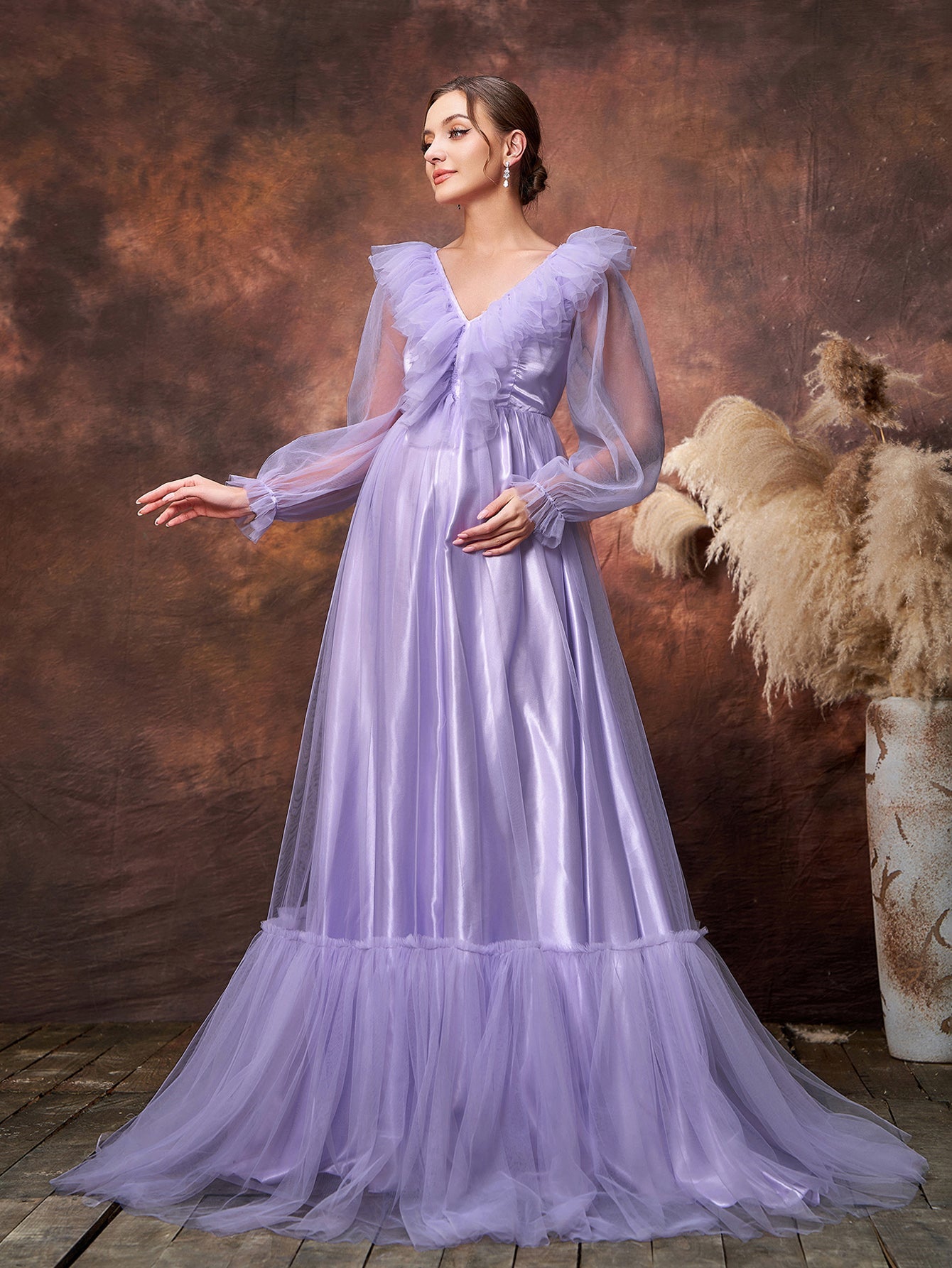 Maternity V Neck Sheer Sleeves Ruffle Trim Tulle Prom Dress