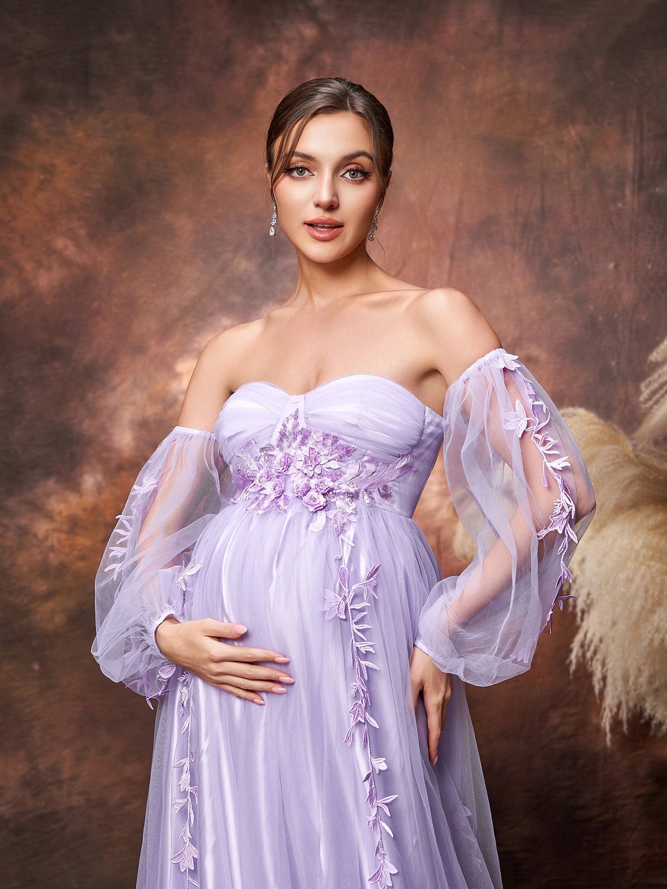 Maternity Applique Details Off Shoulder Lantern Sleeves Tulle Evening Dress