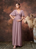 Maternity Solid Plunging Neck Butterfly Sleeves Formal Party Dress