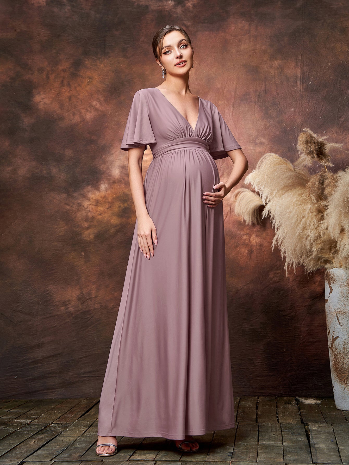 Maternity Solid Plunging Neck Butterfly Sleeves Formal Party Dress