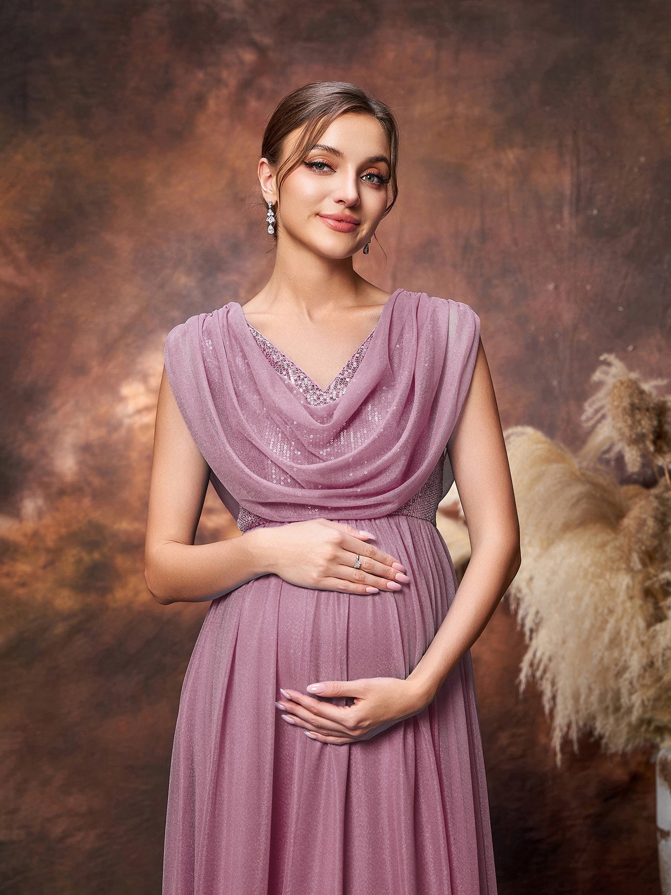 Maternity Draped Neckline Contrast Sequin Formal Party Dress