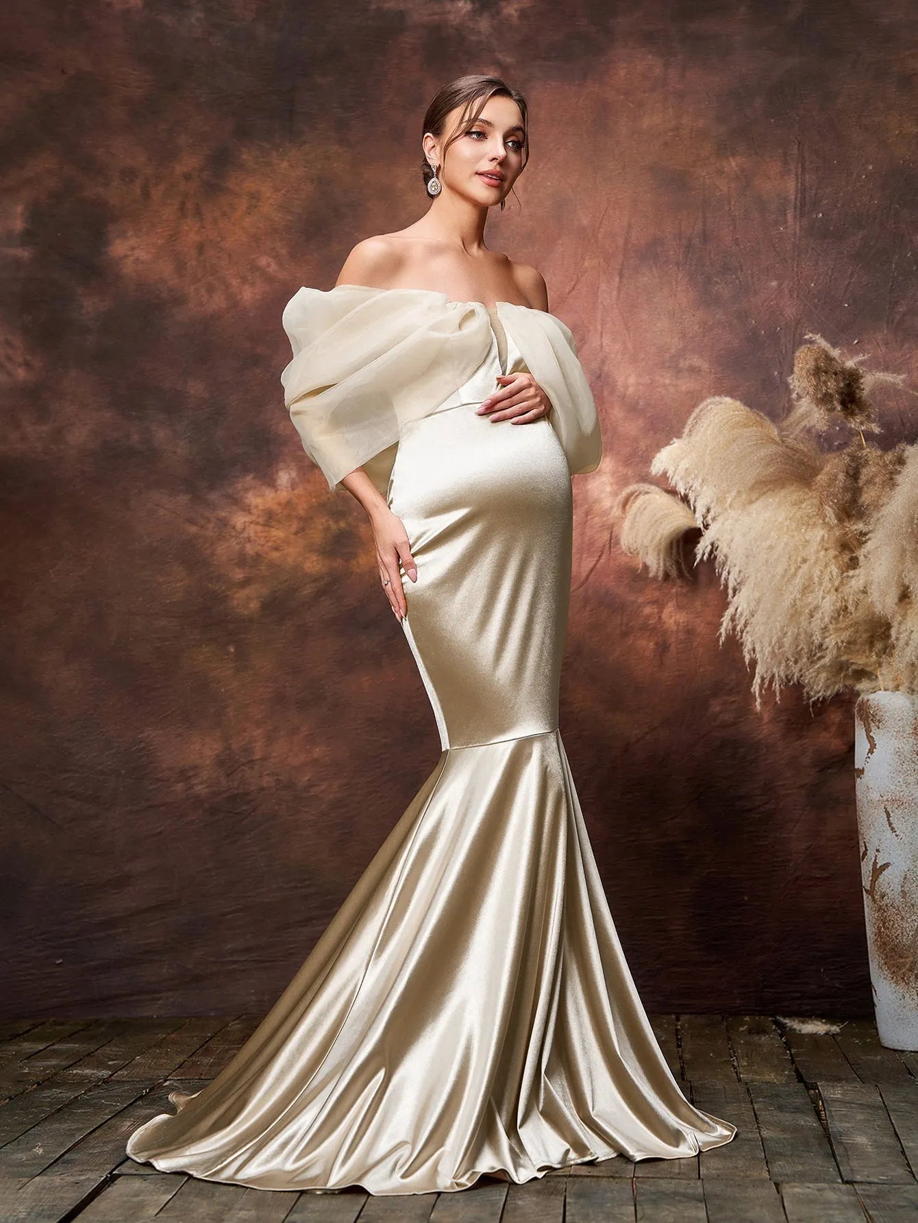 Maternity Off Shoulder Cap Sleeves Mermaid Hem Satin Evening Dress Elonnashop Maternity Off Shoulder Cap Sleeves Mermaid Hem Satin Evening Dress Elonnashop