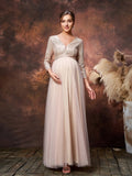 Maternity Plunging Neck 3/4 Sleeves Sequin Formal Party Dress